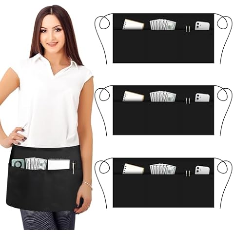 kailund Waitress Apron with Pockets, Waist Apron with Long Strap, 3 Pack Black Aprons for Servers, Waterdrop Resistant Half Apron for Restaurant| Kitchen| Bistro, 23.6" 11.8" Cover