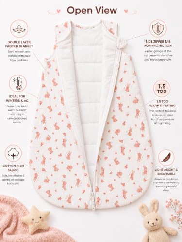 Image of TuddyBuddy Baby Cotton Wearable Quilted Sleeping Bag Blanket 1.5 Tog with 1 Way Zipper Closure | Ideal for Babies & Kids Hypoallergenic Fabrics | (Muslin Pink Rabbits AOP - White, 0-6 Months)
