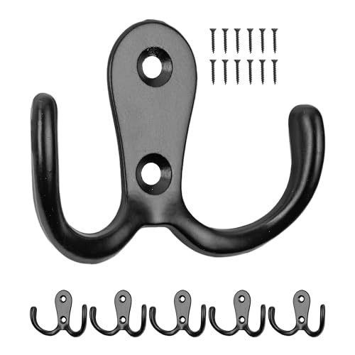 Ganchos para atornillar, 6 piezas, en negro, exterior 54 x 40 x 15 mm, ganchos dobles incl. tornillos para madera, ganchos para puertas, baño, cocina, pasillo, ganchos de metal para bricolaje