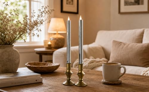 Image of Flameless Taper Candles Flickering with Remote and Timer, 3D Moving Flame Taper Candle Battery Operated to 400 Hours, 9 Inch Window Candles(High Shine Silver)