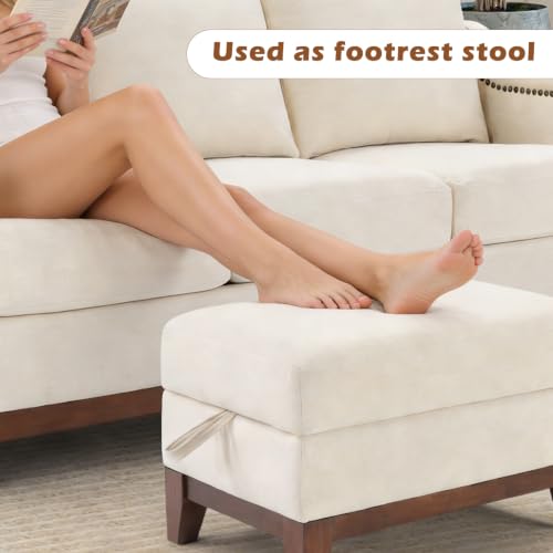 Image of HAOMARKETS Multifunctional Storage Ottoman with Flip-Top Table, Upholstered Footrest with Storage Space, Stylish Coffee Table with Solid Wood Legs for Living Room, Beige