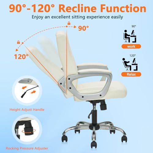 CLATINA Office Computer Desk Chair Executive Mid Back Chair Comfortable Ergonomic Managerial Chair Adjustable PU Leather Home Office Desk Chair Swivel, White 1PK