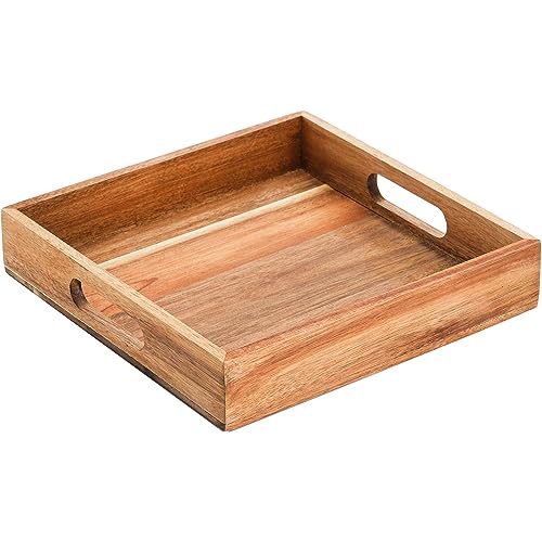 Youeon Set Of 2 Acacia Wood Serving Tray With Handles, 10X10X2 Inch Decorative Serving Trays, Ottoman Tray, Coffee Table Tray, Square Wood Tray For Food, Dinner, Coffee, Wine, Appetizer #TOP6