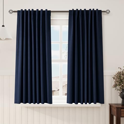 Image of Navy Blue 100% Blackout Linen Curtains 63 Inch Length for Bedroom Back Tab Thermal Insulated Modern Luxury Nautical Decor Black Out Curtain for Living Room Dining Room Drapes 52x63, 2 Panels