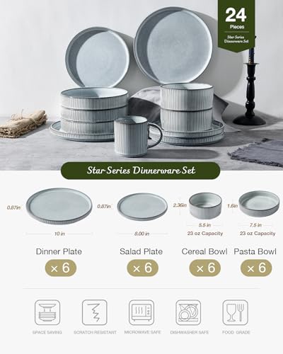 Image of Famiware Star 24-Piece Stoneware Dinnerware Sets, Service for 6 - Shallow Pasta Bowls & Flat Plates, Modern Rustic Reactive Glaze Dishes, Chip /Scratch Resistant, Microwave /Dishwasher Safe, Smoky Blue