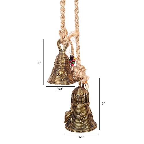Image of Aakriti Art Creations Handcrafted Golden Dhokra Brass Bells with Animal Motifs | Handmade Dhokra Art with Jute & Wooden Beads | Decorative Indoor & Outdoor Hanging for Home, Balcony & Gifting