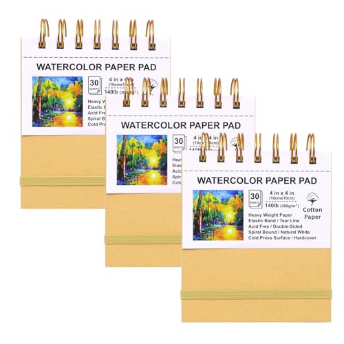Mini Watercolor Paper Pads, 4x4, 3Pack, Kraft Hardcover Sketch Books, 140lb/300gsm Heavyweight Cotton Paper, Spiral Bound, Cold Pressed, Dual-Sided(Smooth&Texture),Painting Paper for Artists Students