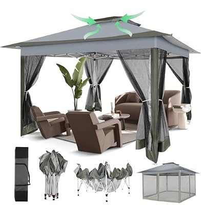 COBIZI 13x13 Pop Up Gazebo On Clearance Easy Up Outdoor Gazebo Waterproof Upgrade Portable Gazebo with Mosquito Nettings, Double Vented Roof and Carry Bag for Patio Garden(Dark Gray)
