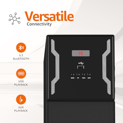 Image of Amazon Basics 2.0CH 125W Multimedia Tower Speakers with Wireless Microphone, Multi-Connectivity Option with Supporting USB, AUX, FM, Mic (Black)