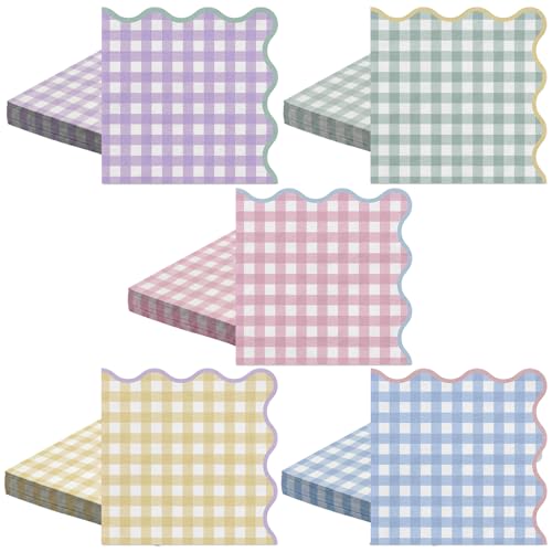 Party Paper Napkins Scalloped Pastel Gingham Picnic Luncheon Napkins 5 Colors 3-Ply 100-Sheets 6.5 x 6.5 Inches