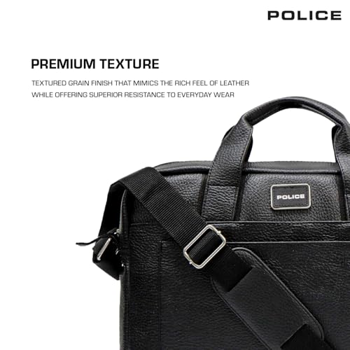 Image of Police Premium Laptop Briefcase for Men | Vegan Leather Office Messenger Bag with Padded Laptop Compartment, Front Utility Pocket & Adjustable Shoulder Strap | Business Work Bag | Black