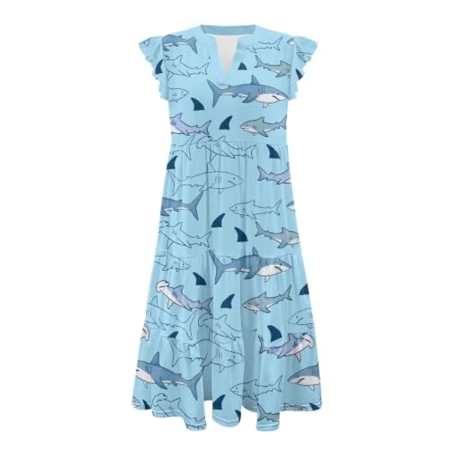 Image of Womens Summer Dress Ruffle Sleeve V Neck Dress Casual Fit Flowy Beach Vacation Sundress with Pocket S-2XL