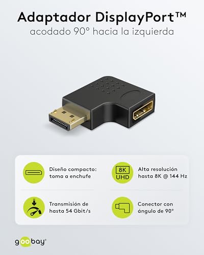 goobay Adaptador Angular DisplayPort 90 Grados a la Izquierda, 8K 144Hz, 4K 240Hz, DP 2.1, Conector Gaming a zócalo para PC, Monitor, Tarjeta gráfica - 77132 - imagen 2