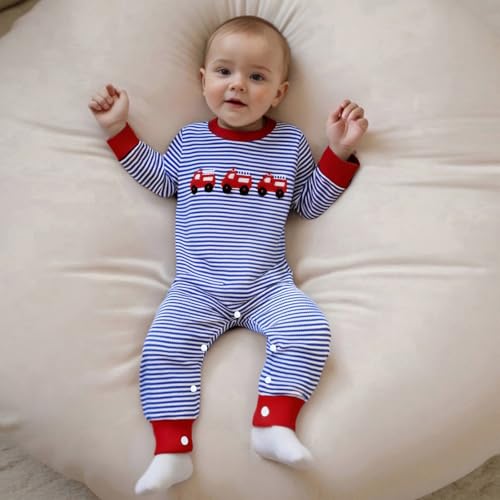 Baby Boy Romper Fire Truck Embroidery Waffle Striped Jumpsuit Long Sleeve Bodysuit Cute Newborn Fall Winter Clothes2
