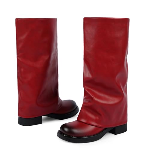 Image of Knee High Boots Women Fold Over Boots Chunky Heel Pointed Toe Tall Boots | Fashion Slouchy Boots,Side Zipper Shark Boots,Fall Spring Winter Fashion Dress Tall Boots,Evening Bridal office Long Boots