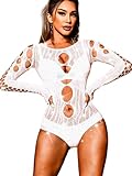 Kaei&Shi Club Outfits For Women Sexy Clubwear,Sparkly Rhinestone One Piece Fishnet Body Suits Ladies,Sheer Mesh Cheeky Bodysuit Exotic Dancewear Bridal Bride White One Size Fits All
