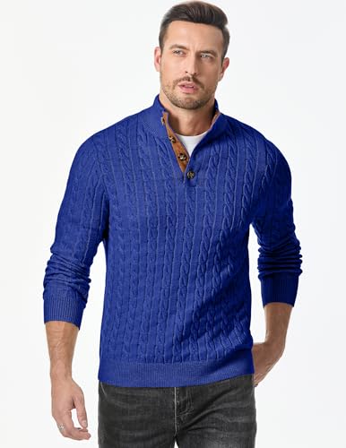 Image of JMIERR Men's Cable Knit Pullover Sweater Casual Long Sleeve Stand Collar Button Knitted Sweaters