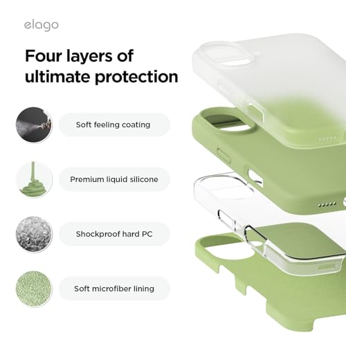Image of elago Compatible with iPhone 16 Case, Premium Liquid Silicone Case, Full Body Protective Cover, Shockproof, Slim Phone Case, Anti-Scratch Soft Microfiber Lining, 6.1 inch (Pastel Green)