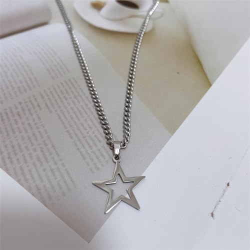 Dainty Hollow Star Simple Choker Necklace for Women Delicate Stainless Steel Silver Plated Y2K Minimalist Star Pendant Necklaces Adjustable Chain Christmas Party Trendy Jewelry Gift 18"2