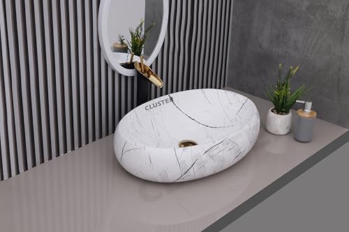 Image of CLUSTER Designer Glossy Ceramic Table Top Wash Basin For Bathroom | Countertop Bathroom Sink For Livingroom, Resturant Decor, Oval Shape (24 x 16 x 6 inch)