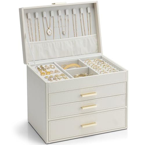 Vlando Jewellery Box for Women, 4 Tier Jewellery Organiser with Necklace Holder, Boxes & Organisers for Ring Bracelet and Watch, Gift for Women,Cream White 4 Tier A.apricot White