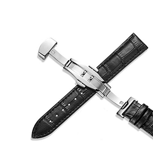 Echtes Leder Uhrenarmbänder 12-24mm Universaluhr Butterfly Buckle Band Stahl Buckle Strap 22mm Uhrenarmband Silber-Schwarz, 17mm