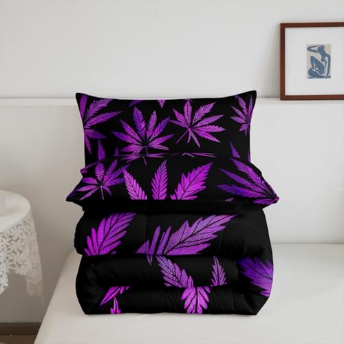 Image of Feelyou Marijuana Leaf Full Size Comforter Set Weed Leaf Botanical Black Purple Bedding Set for Kids Men Women Adults Cannabis Leaves Comforter Luxury Puple Hemp Quilt Set Room Decor 3Pcs