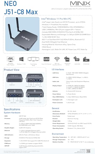 Image of MINIX NEO J51-C8 Max Mini Computer, 8GB /512GB M.2 PCIe NVMe SSD Windows 11 Pro, Aluminum /Wi-Fi6 /Dual 2.5GB LAN /USB-C /Triple Display /4K /Auto Power On /PXE Boot /RTC /Vesa Mount