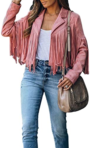 Chartou Women's Chic Cropped Tassel Fringe Faux Suede Moto Jacket (X-Large,Pink) #TOP2