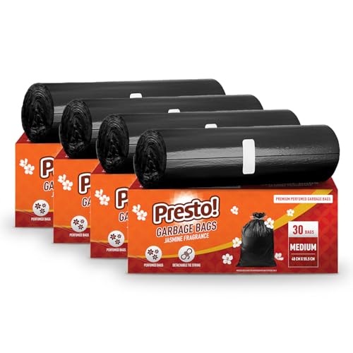 Image of Amazon Brand - Presto! Premium Perfume Garbage Bags on Roll with Tie String | Medium | 19x22 Inch | 120 Count | 30 X 4 Packs | Black