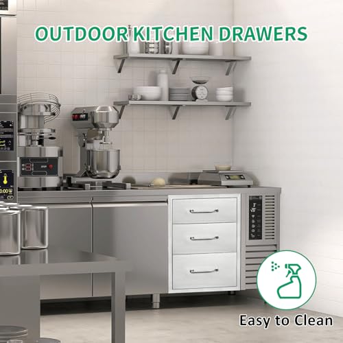 Image of Outdoor Kitchen Drawers 14 inch W x 21 inch H x 21 inch D Stainless Steel Triple Drawers with Ergonomic Handle for BBQ Island, Patio Grill Station & Outdoor Kitchen Cabinets