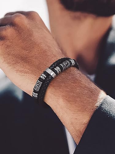 Bandmax Mens Black Double Wax Rope Cuff Bracelets Waterproof Stainless Steel Norse Style Celtic Knot Beads Bracelet Wristband Gift for Men4