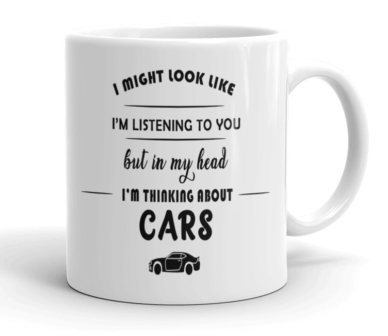 VIROSA Cars Mug – “in My Head I’m Thinking About Cars” – 11oz Ceramic Mug – Gift for Petrolheads – Car Lover Present