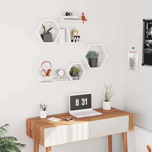Image of Wooden Floating Wall Shelves Wall Mounted - Set of 6 Hexagon Shelves Display for Photos, Plants, Honeycomb Shelves for Living Room, Bedroom, Bathroom, Kitchen, Office (White)