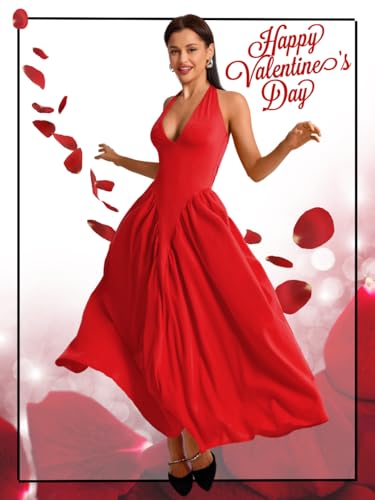 Image of ChiaoLezhee Deep V Neck Dress, Halter Maxi Dresses, Vacation Date Night, Sexy for Women Corset Flowy Wedding Guest Drop Waist