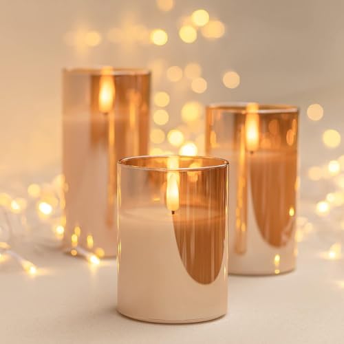 Image of Glass Flameless Candles LED Battery Operated Candles with Remote Set of 3 | Real Wax Glow Flickering LED Flame 2 /4 /6 /8H Timer Safe Home Lighting for Weddings, Parties & Holiday Decor