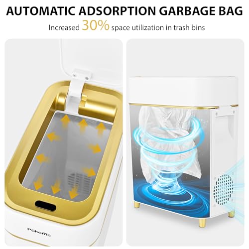 Image of Pukomc 2.3 Gallon / 9L Automatic Adsorption Sensor Trash Can | White Gold Motion Sensor Garbage Bin with Suction, Slim Fashionable Design for Kitchen, Bathroom, Office & Small Space