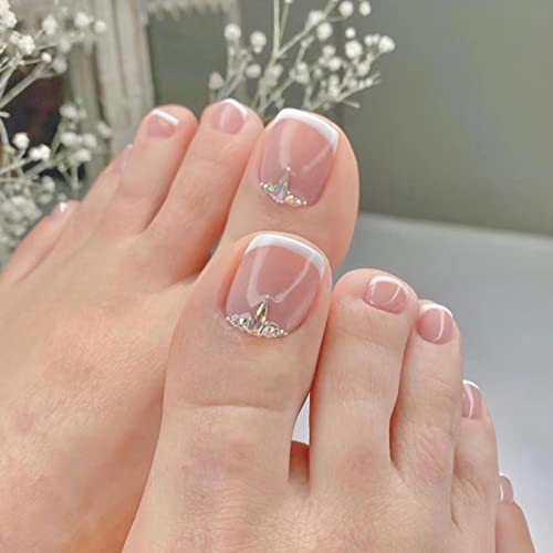 RUNRAYAY White Press On Toenail with Nail Rhinestones