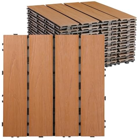 famobay Wood Plastic Composite Patio Deck Tiles,DIY Interlocking Decking Tiles, Floor Tile,Durable, Maintenance,Waterproof,Indoor Outdoor (12" x 12", Teak, 9) Cover