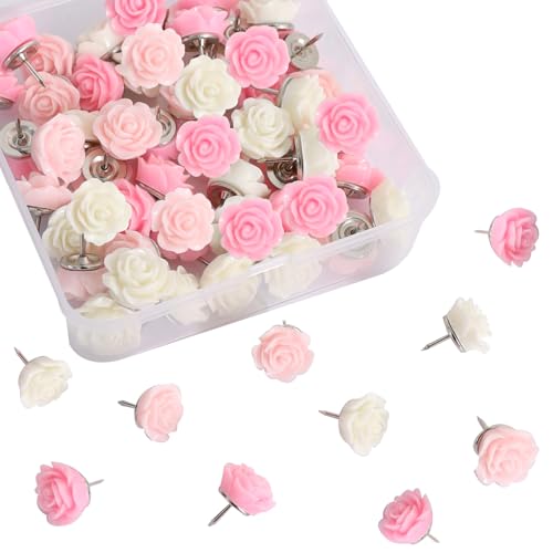 Image of Vuzvuv 60 Pcs White and Cream Pink Rose Flower Push Pin with Gradient Color for Bulletin Board,Decorative Cute Thumbtacks Floret Flower Pins for School, Office
