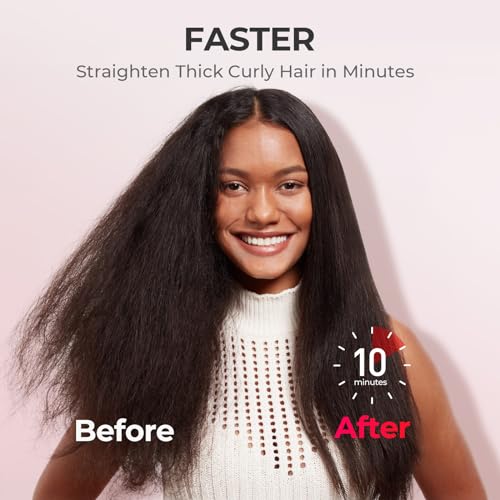 Image of TYMO Hair Straightener Brush - Upgraded Ionic Plus Straightening Brush with Dense Bristles, 16 Temps, Dual Voltage | Ceramic Hot Comb for Women | Flat Iron for Thick Curly Hair, Pink