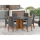 Mesa de Jantar Redonda Vitara com 6 Cadeiras Madeira Maciça Vegas Mel/Grafite