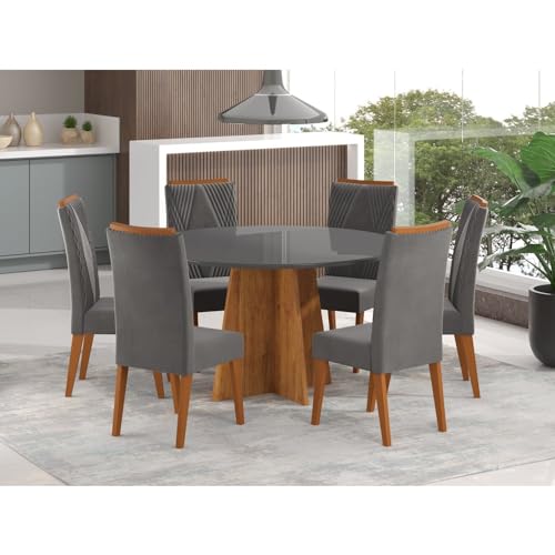 Mesa de Jantar Redonda Vitara com 6 Cadeiras Madeira Maciça Vegas Mel/Grafite