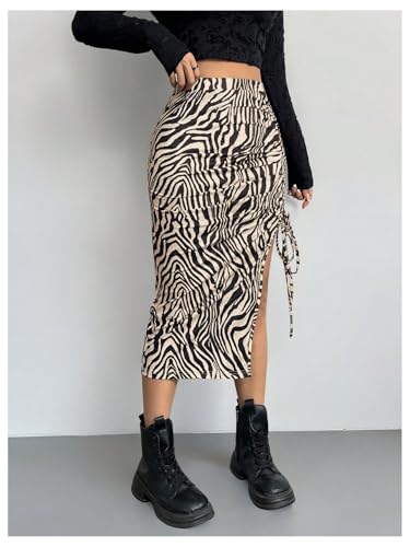 Verdusa Women's Animal Print Drawstring Thigh Slit Bodycon Skirt Elegant Ruched Long Skirts4