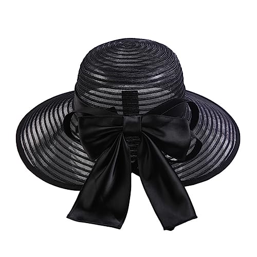 Chapeau de soleil d'été pour femmes de plage noir en polyester souple avec nœud chic