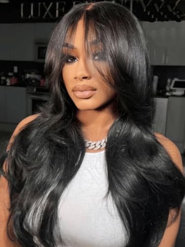 Image of Beauty Forever 13x4 Pre Everything Lace Frontal Glueless Wigs Human Hair Pre Plucked Pre Cut Black Fluffy Natural Loose Wave Curtain Bangs Wig Ready to Wear Wig for Women 150% Density 16 Inch
