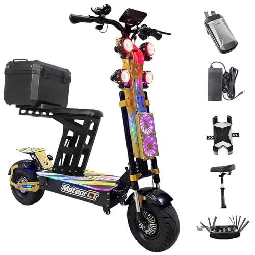 72V 10000W Foldable Dual Motor Electric Scooter for Adults with Seat 68MPH 95-Mile Range 13' Off-Road Tires Hydraulic Brakes LCD Large Screen LG Battery for Commuting/Night Riding Yellow Rear Basket