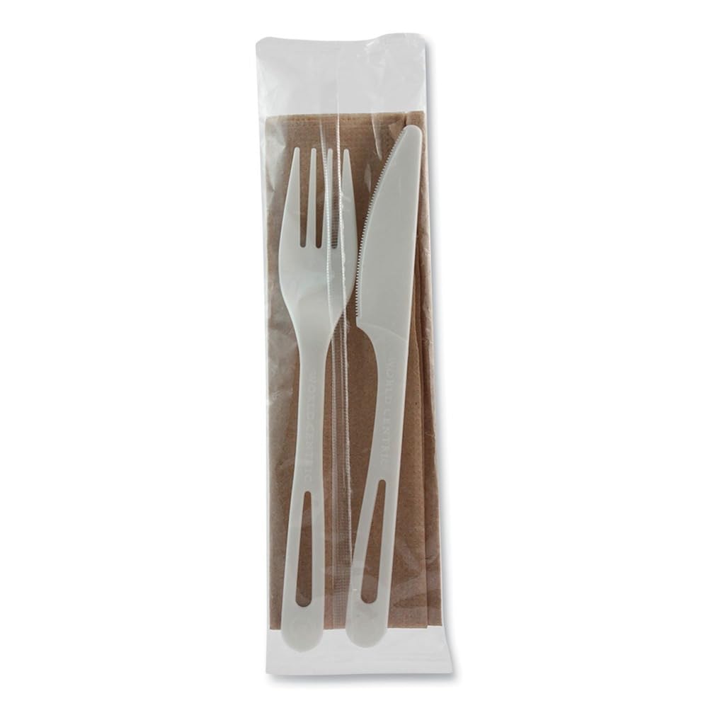 100% Compostable Cutlery Sets by World Centric, Made from TPLA, Assorted Cutlery Individually Wrapped with Fork, Knife, Napkin (Pack of 500) (AS-PS-FKN)