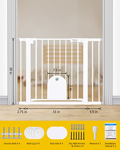 Newnice 40.6" -29.7" Auto Close Baby Gate With Small Cat Door, Easy Walk Thru & Durable Dog Pet Gates For Stairs, Doorway, House, Pressure Mounted Safety Child Gate Includes 4 Wall Cups #TOP6