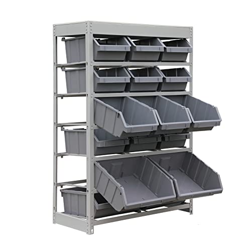 Image of King's Rack Bin Rack Storage System Heavy Duty Steel Rack Organizer Shelving Unit w / 16 Plastic Bins in 6 tiers